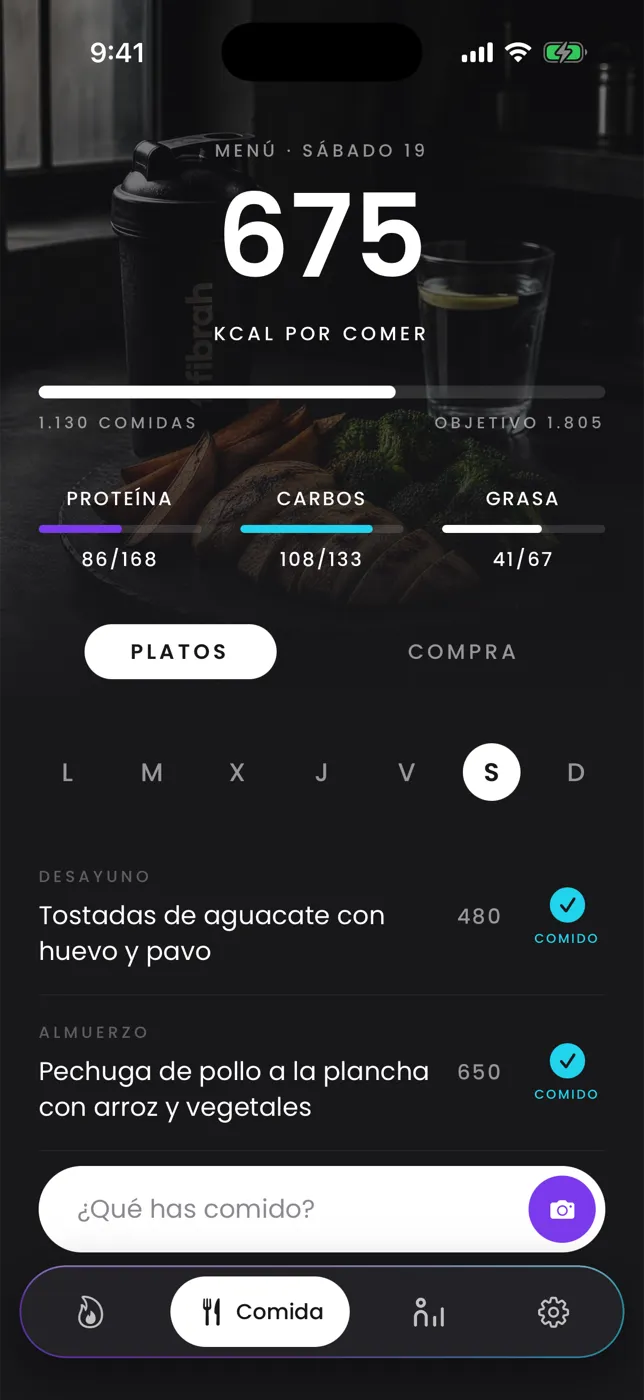 Pantalla de comida de la app