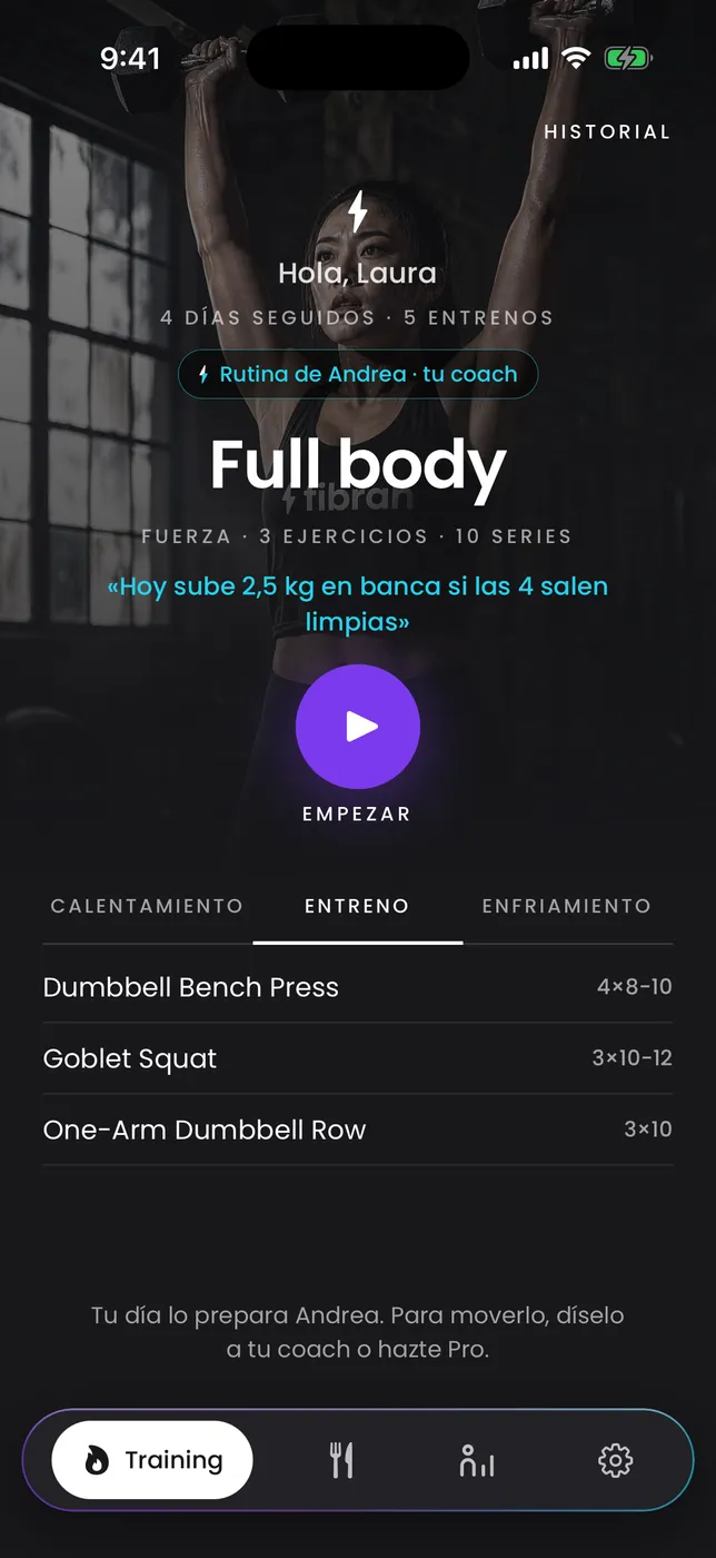 Pantalla de training de la app
